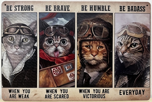 Katten Brave Strong Humble Badass wandbord van metaal